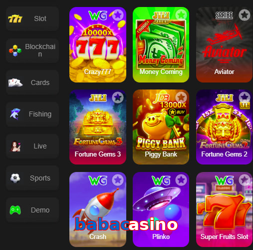 Main screen of Babacasino game page for PK players